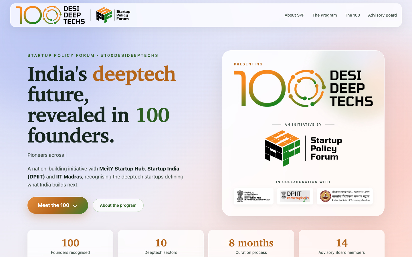 Built the national cohort reveal site for the Startup Policy Forum's 100 deeptech founders